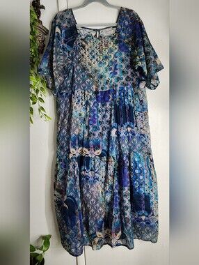 💙✨ Johnny Was Workshop Geometric Patchwork Cotton Dress Size M Boho Luxe ✨💙